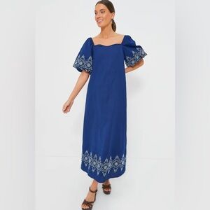 Anna Cate Dress Maggie Maxi Cotton Royal White Embroidery L EUC